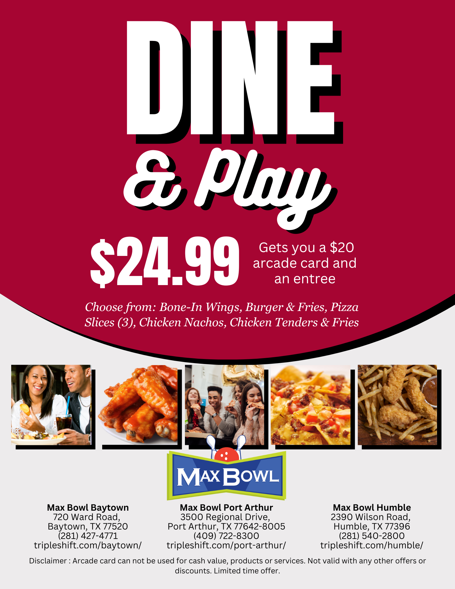 Craving fun & food? Dine & Play has you covered! Get an entree + $20 arcade card for just $24.99! Eat, play, repeat! Dine and Play Marketing Promotion.